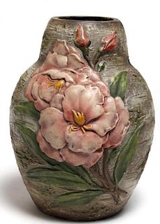 Ceramic Vase with Molded Peony Flower to Side