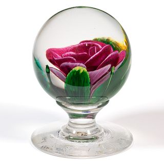 VINTAGE PAIRPOINT CRIMP ROSE - ENGRAVED ART GLASS PEDESTAL PAPERWEIGHT
