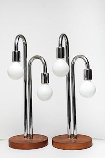 Pair Mid-Century Modern Chrome & Wood Table Lamps