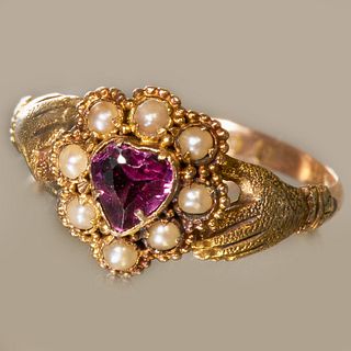 ANTIQUE AMETHYST AND PEARL HAND CLUSTER RING