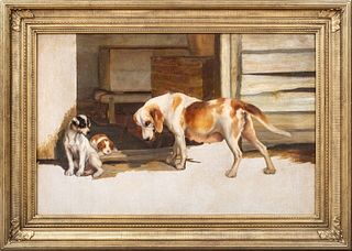  PORTRAIT OF A WEARY MOTHER HOUND AND HER PUPPIES OIL PAINTING