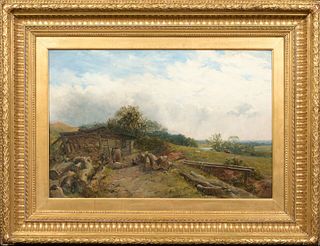 LOGGERS SUMMER LANDSCAPE OIL PAINTING