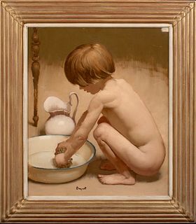 PORTRAIT OF A CHILD WASHING OIL PAINTING