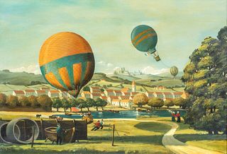 HOT AIR BALLOON LANDSCAPE OIL PAINTING