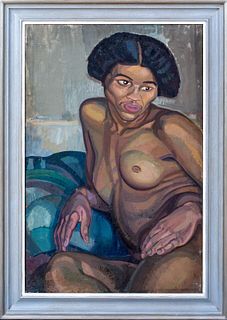 PORTRAIT OF A BLACK NUDE FEMALE OIL PAINTING