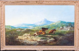 VIEW OF CATTLE RESTING OIL PAINTING