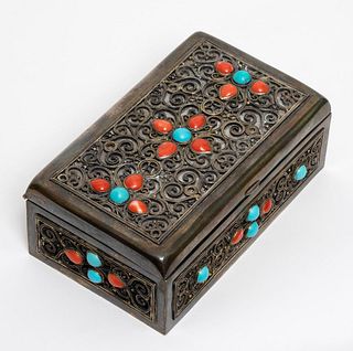 UNASCRIBED ARTIST (Asian) Small Box - Silver, with inset zitan panels, turquoise and coral. 