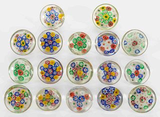 CHINESE MILLEFIORI ART GLASS PAPERWEIGHT BUTTONS, LOT OF 17