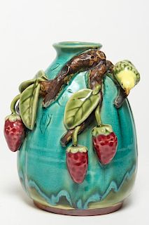 Vintage "Bird & Strawberries" Art Pottery Vase