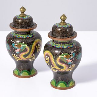 Pair of Miniature Chinese Export Lidded Cloisonne Baluster Jars