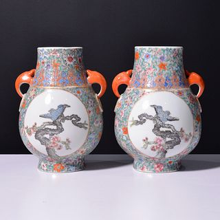 Pair of Chinese Export Famille Verte Vases / Vessels 