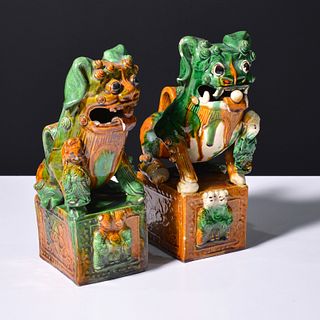 Pair of Chinese Export Sancai Foo Dog Sculptures / Statuettes