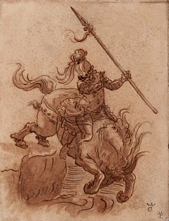 OLD MASTER DRAWING MARCUS CURTIUS ON HORSEBACK LEAPING INTO THE ABYSS