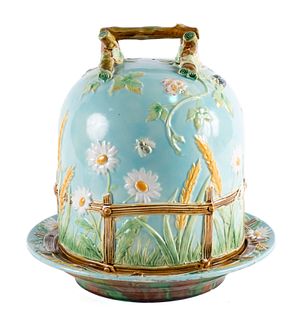 GEORGE JONES MAJOLICA PICKET FENCE AND DAISY CHEESE DOME AND DISH