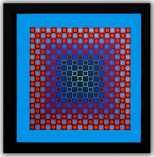 Victor Vasarely- Heliogravure Print "Alom (Blue/Red)"