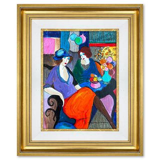 Itzchak Tarkay (1935-2012), "Chit Chat" Framed One-of-a-Kind Mixed Media Over Paint on Wood, Hand Signed with Letter of Authenticity