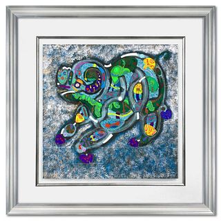 Lu Hong, "Chinese Zodiac - Water Pig" Framed Original Mixed Media Painting, Hand Signed with Letter of Authenticity.