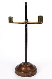 BRASS AND WOOD ADJUSTABLE DOUBLE-ARM CANDLESTICK