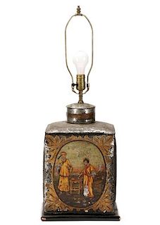 English Hand Painted Tole Tea Canister Lamp