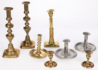 ASSORTED BRASS AND METAL CANDLESTICKS, LOT OF EIGHT
