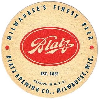 1950 Blatz Beer 3¾ inch coaster WI-BLA-25 Milwaukee Wisconsin