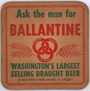 Rare 1945 Ballantine Beer 3¾ inch coaster No Ref. Newark New Jersey
