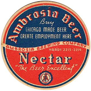 1941 Ambrosia & Nectar Beer 4¼ inch coaster IL-AMB-1 Chicago Illinois