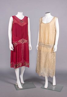 TWO BEADED SILK OR LAME' LACE EVENING DRESSES, c. 1925