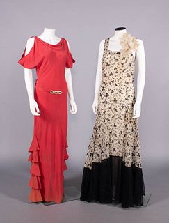 TWO SILK CREPE OR PRINTED ORGANDY EVENING GOWNS, 1938