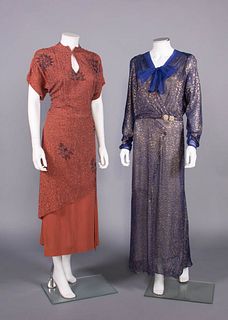 TWO BEADED OR LAME' DAY DRESSES, c. 1930 & c. 1940