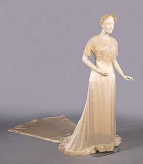 PEARL & BEAD EMBROIDERED SILK SATIN WEDDING GOWN, 1910