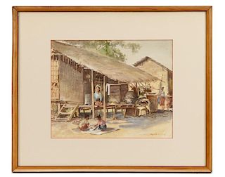 Ngwe Gaing, "Burmese Village I", Watercolor