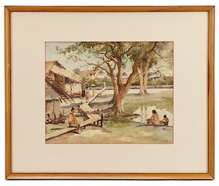 Ngwe Gaing, "Burmese Village II", Watercolor