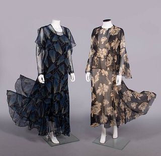 TWO SILK CHIFFON GARDEN PARTY DRESSES WITH JACKETS, EARLY 1930s