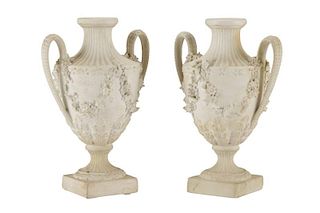 Matched Pair of Derby Biscuit Urn Shaped Vases