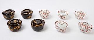 Japanese Lacquer Covered Bowls and Porcelain Covered Bowls