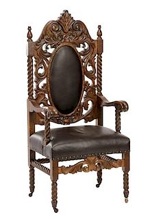 Carved Oak Renaissance Revival Arm Chair
