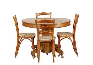 Carved Oak Dining Table & 4 Bentwood Chairs