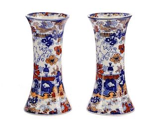 Pair, 19th C. English Transferware Flask Vases