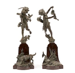 Pair, Patinated Bronze Putto on Marble Stands