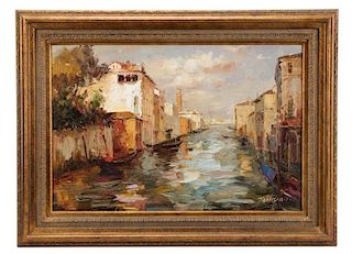 "Venetian Canal Scene," Oil on Canvas, Signed