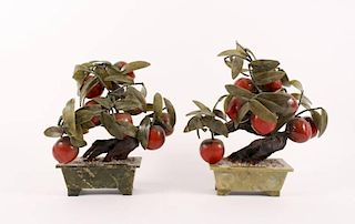 Pair of Jade Trees With Red Prunus Fruit