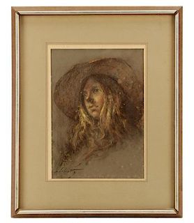 William Schultz, "Girl with Wide Brim Hat", Pastel