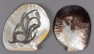 CARVED AND SILVER-MOUNTED MOTHER-OF-PEARL SHELL PLAQUES, LOT OF TWO