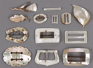 MOTHER-OF-PEARL SHELL BELT / SHOE BUCKLES AND BROOCHES, LOT OF 13