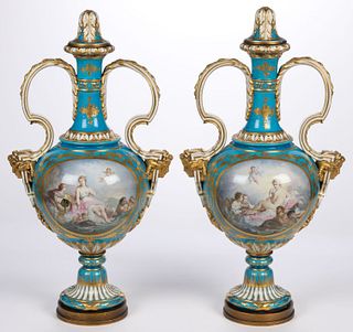 SIGNED FRENCH SEVRES-STYLE PORCELAIN COVERED URN PAIR