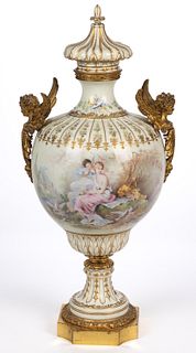 FRENCH SEVRES-STYLE ORMOLU-MOUNTED PORCELAIN LARGE BOLTED COVERED URN