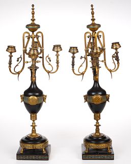 PAIR OF FERDINAND BARBEDIENNE (FRENCH, 1810-1892) DORE BRONZE AND CHAMPLEVE FOUR-LIGHT CANDELABRA