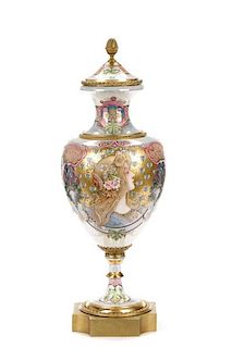 Large Art Nouveau Serves Porcelain & Bronze Urn