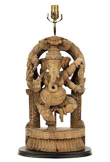 Indian Carved Wood Ganesha Table Lamp